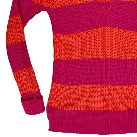 Derek Heart Sweater Womens M Pink Orange Striped Vibrant Chunky Knit Cozy Winter - Picture 5 of 16